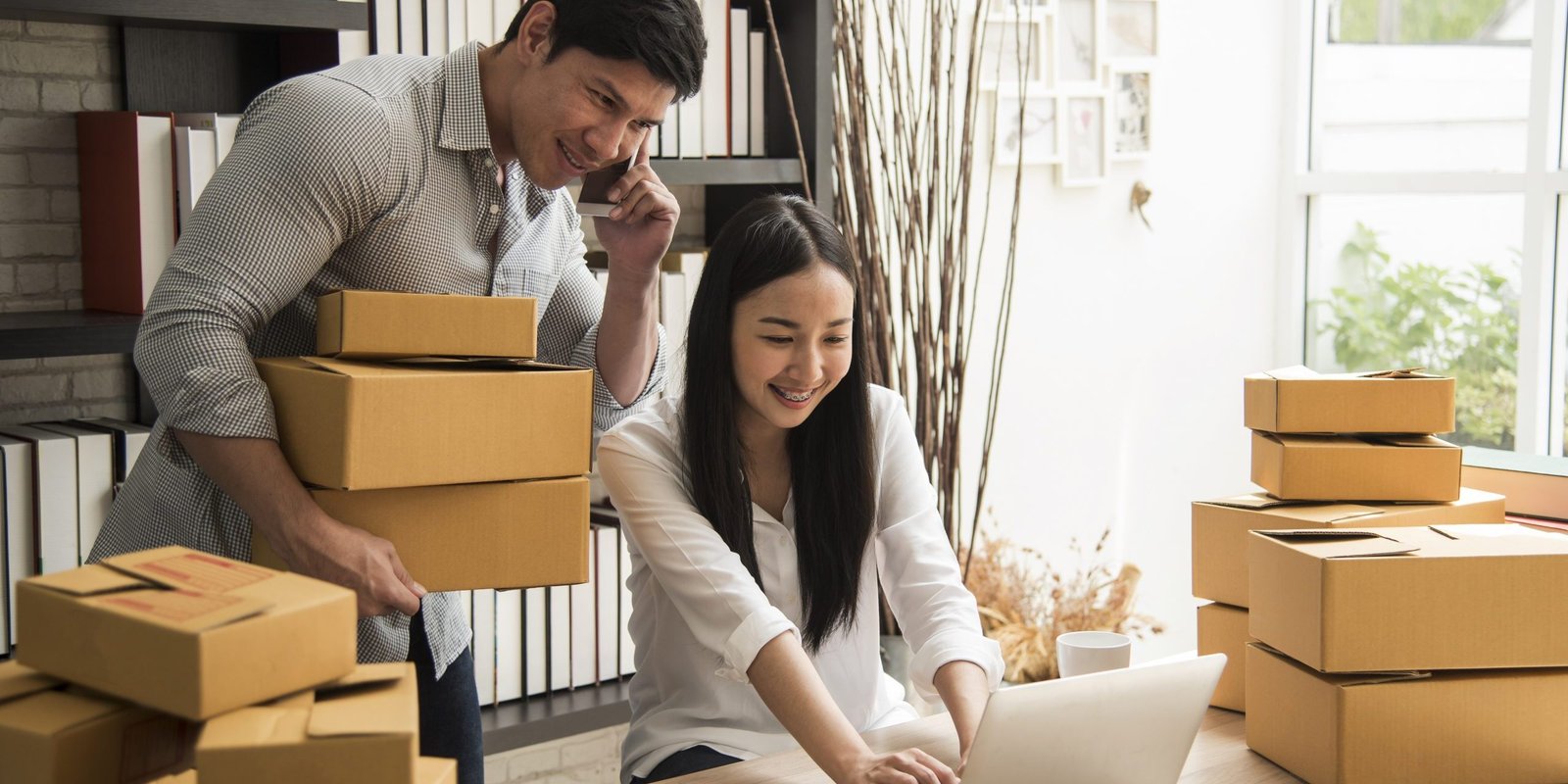 business digital online is small business a new start up in the present for online shop. By woman and man owner have a warehouse used to send to customer. SME entrepreneur concept